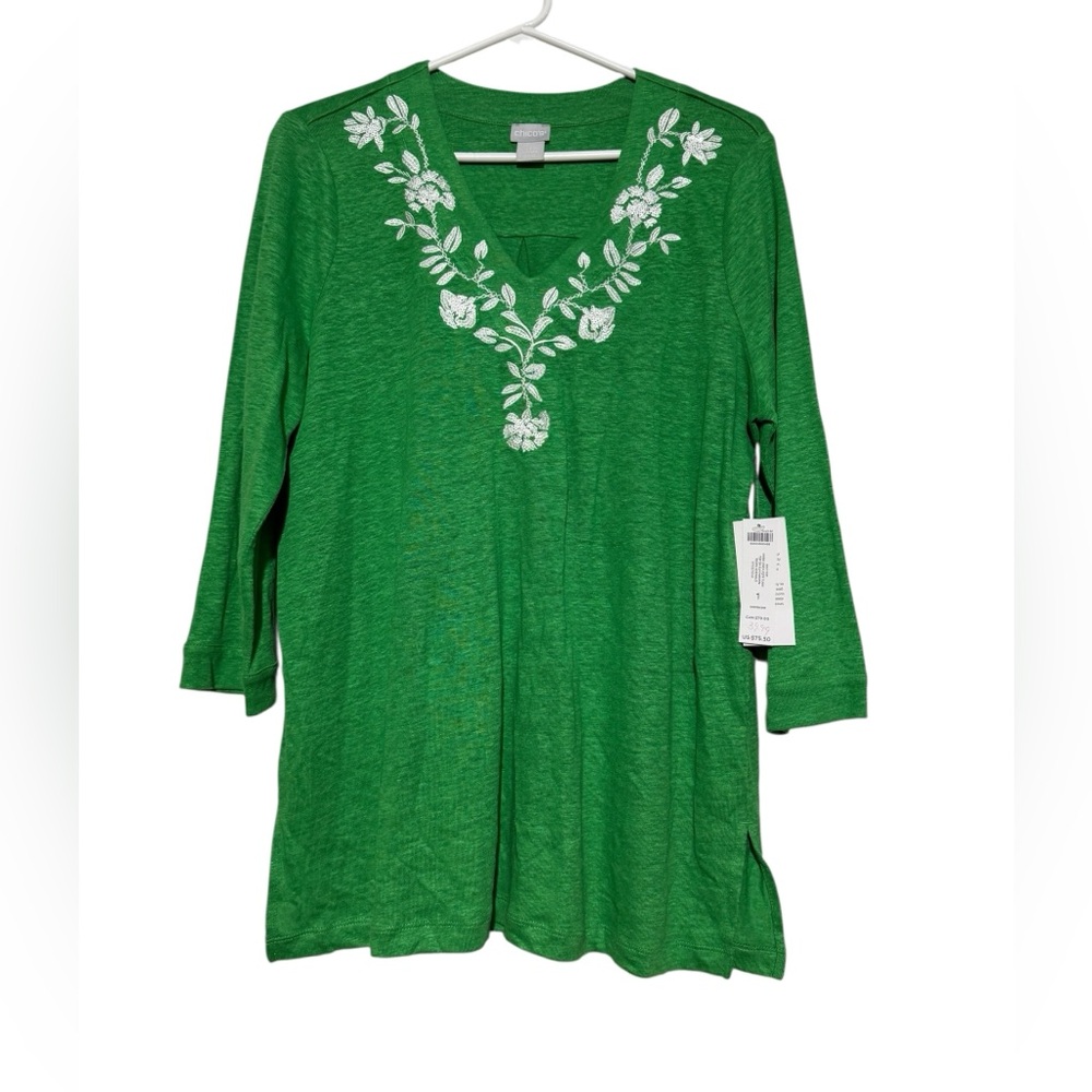 Chicos NWT 100% Linen Embroidered Tunic Top Size M Kelly Green Floral Spring